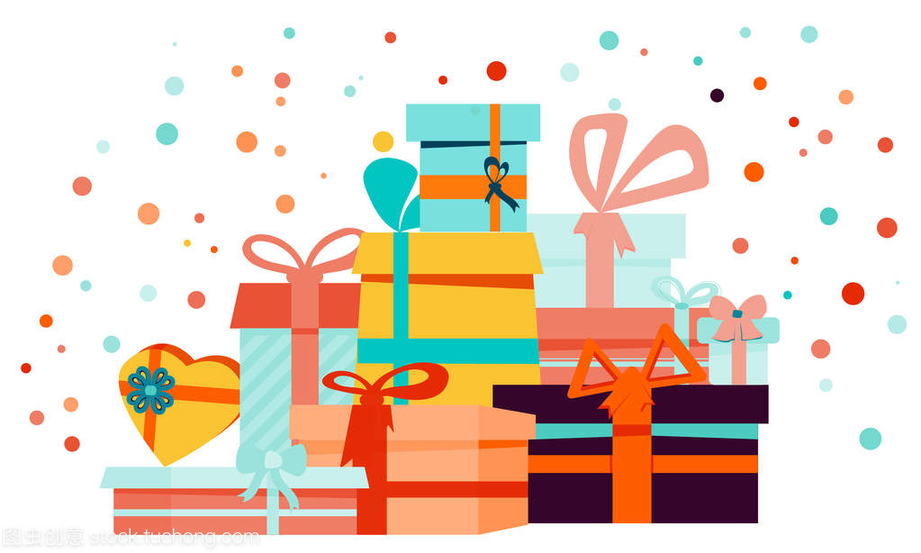 禮品盒卡通套與廣場、 心和圓形狀框和孤立的白色襯底上的紙屑?？梢杂糜诠澣沾黉N,橫幅